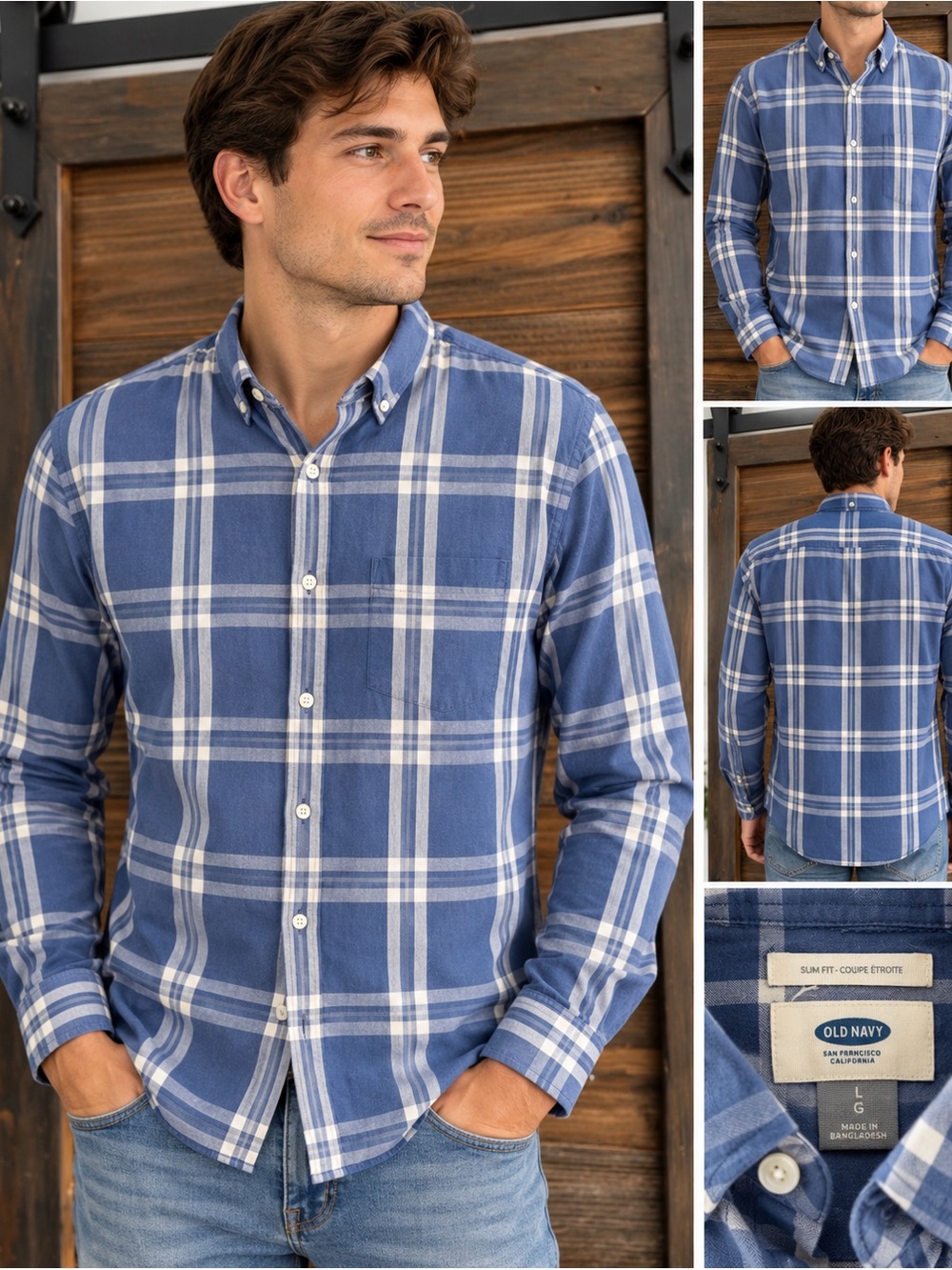 Old Navy Plaid Button Down in Blue & White Size Large